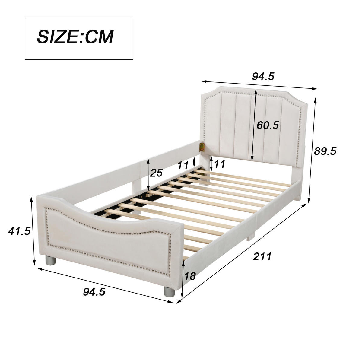 POLSTERBETT 90/200 cm beige mit Rückenlehne und Armlehne für Kinder - Beige, Holz (90/200cm) - OKWISH