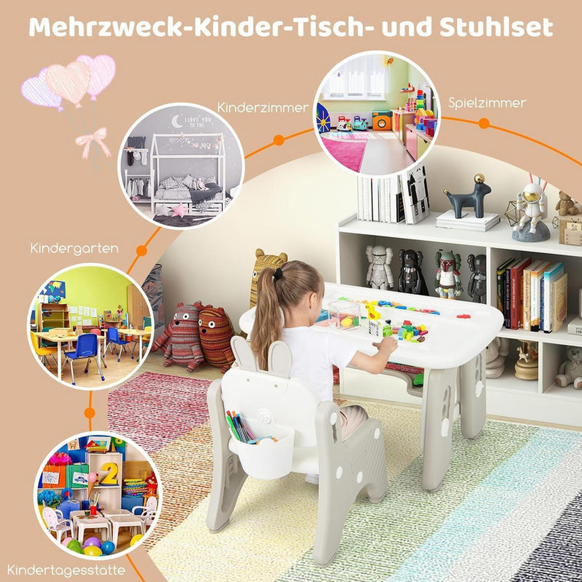 KINDERTISCH mit Stuhl grau(2-tlg) - Grau, Kunststoff (80/40/50cm) - COSTWAY