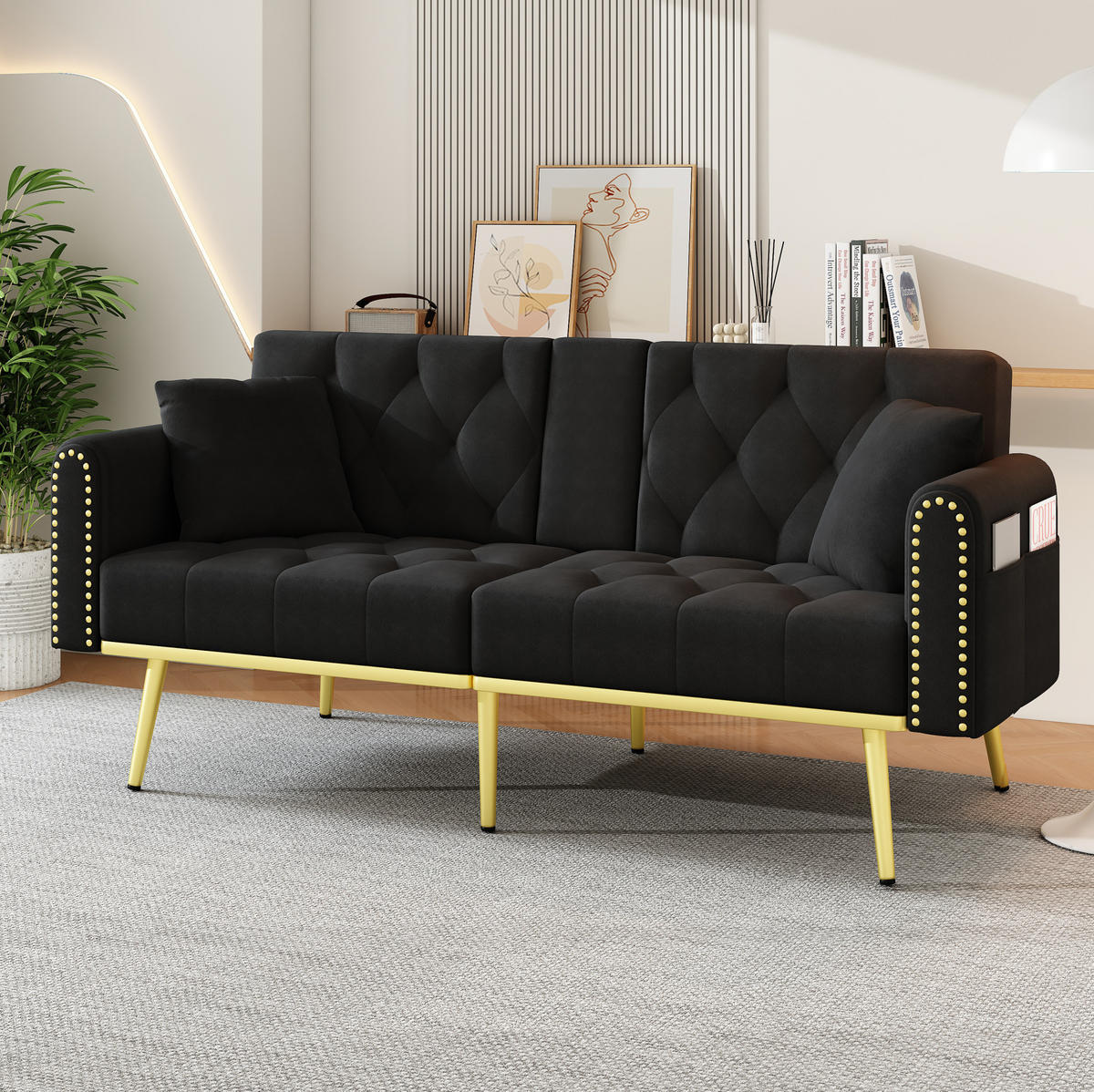 SCHLAFSOFA Samt mit verstellbarer Rückenlehne und Getränkehalter Schwarz 175/80/73,5 cm - Schwarz, Textil (73.5/175/80cm) - Redom