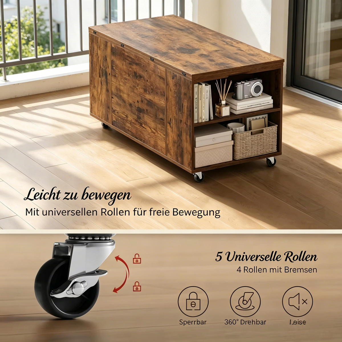 COUCHTISCH DE-37261 Lift-Top ausziehbar mit Rollen Braun - Braun, Holzwerkstoff (50.5/100/53cm) - ComfortXL