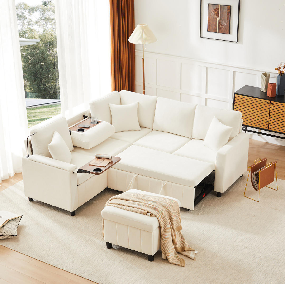 ROHOVÁ sedací souprava 205/205/85 cm béžová z chenille s funkcí spaní, USB a Type-C - béžová, textil (205/205cm) - OKWISH