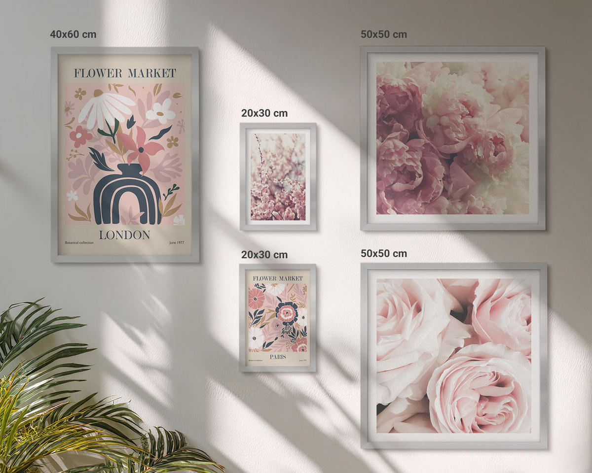 BILDER SET 5er Set - 50x50 cm & 20x30 cm & 40x60 cm Silberner Rahmen - Blumenmuster aus europäischen Städten - Silberfarben, Kunststoff (40/60cm) - TULUP