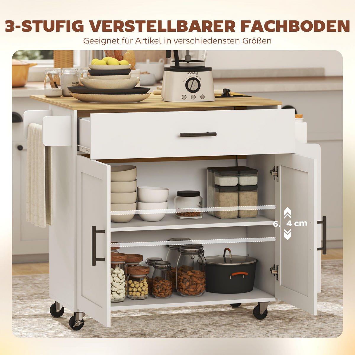 KÜCHENINSEL Küchenwagen auf Rollen mit abklappbarer Arbeitsplatte Ablage Weiß - Schwarz/Weiß, Holzwerkstoff (68/85/120cm) - HOMCOM