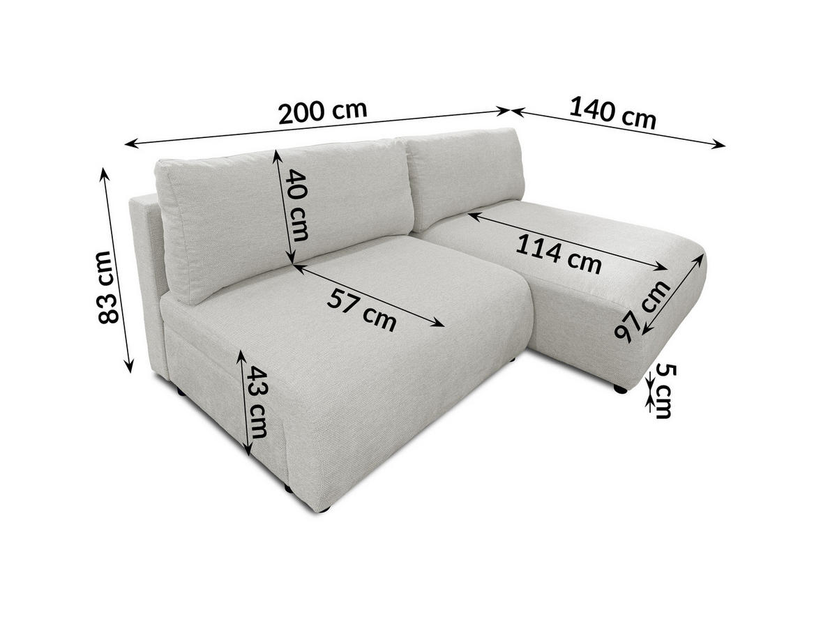 ECKSOFA Sora mit Schlaffunktion, Bettkasten und extra tiefer Komfortzone aus hochwertigem Hellgrau Strukturstoff - Hellgrau/Schwarz, Holz/Kunststoff (200/140cm) - S-Style