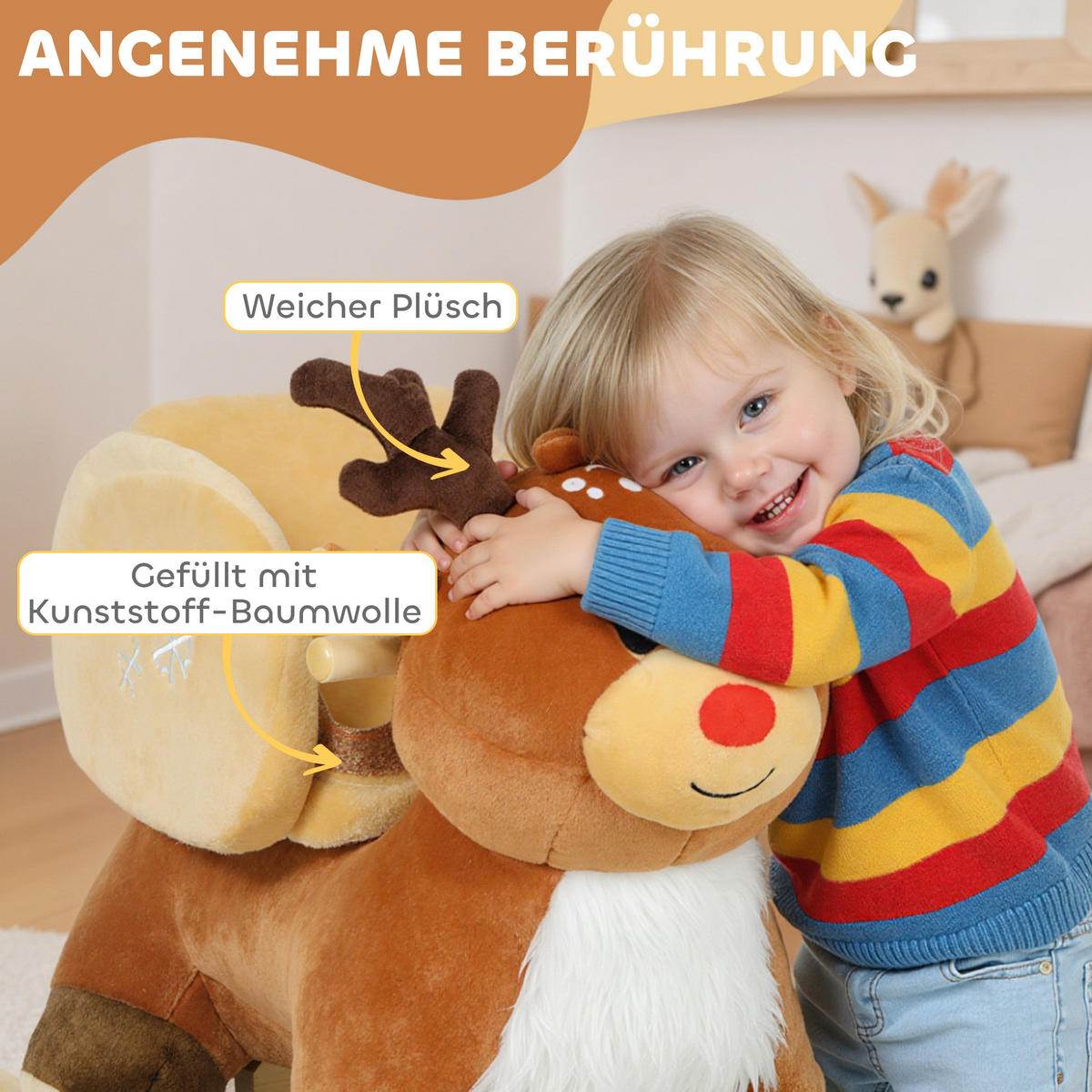 KINDER-SCHAUKELPFERD Rentier mit Schlafliedern Plüsch Braun - Braun, Textil (35/59/65cm) - AIYAPLAY