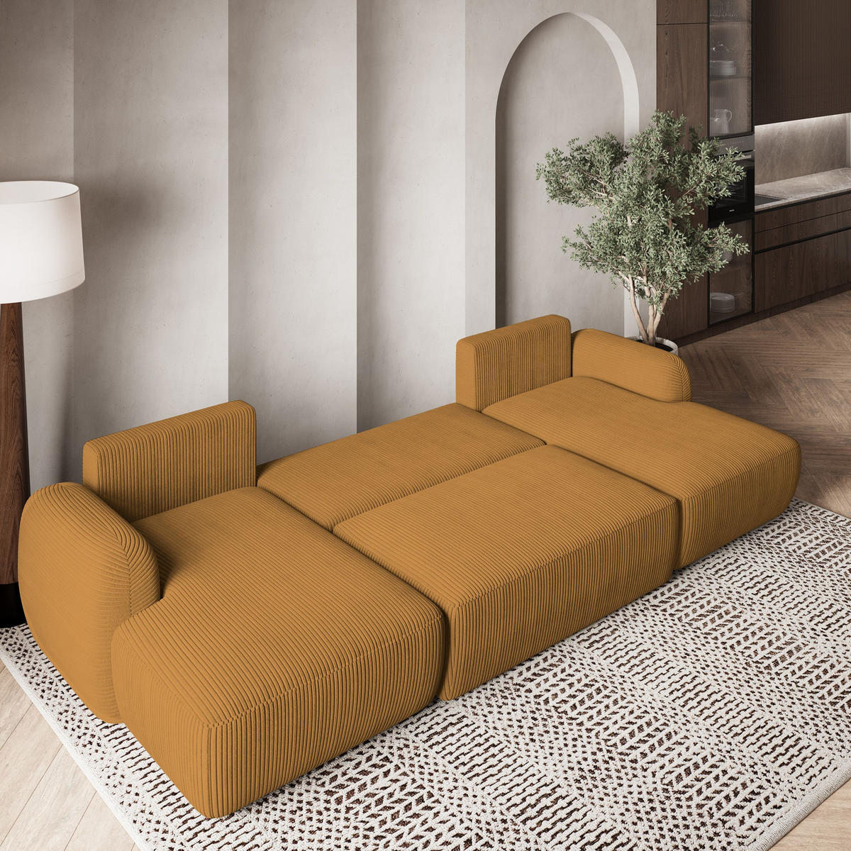 WOHNLANDSCHAFT SAVONA P Gelb Kordstoff mit Schlaffunktion - Gelb, Holz (320/90/148cm) - MASSENO