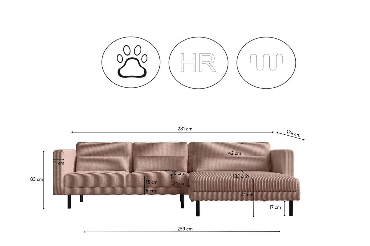 ECKSOFA L-form Dani Stoff Poso Rosa Rechts - Rosa, Holz (281/174cm) - Kaiser Möbel