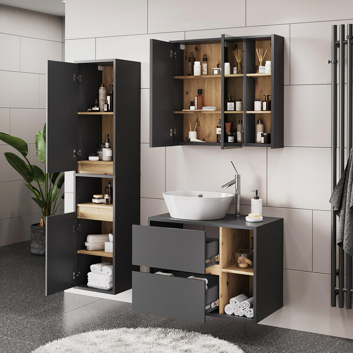 SADA KOUPELNOVÉHO NÁBYTKU Viola Grey/Artisan - šedá/dub artisan, kompozitní dřevo (80/60/46cm) - Vicco