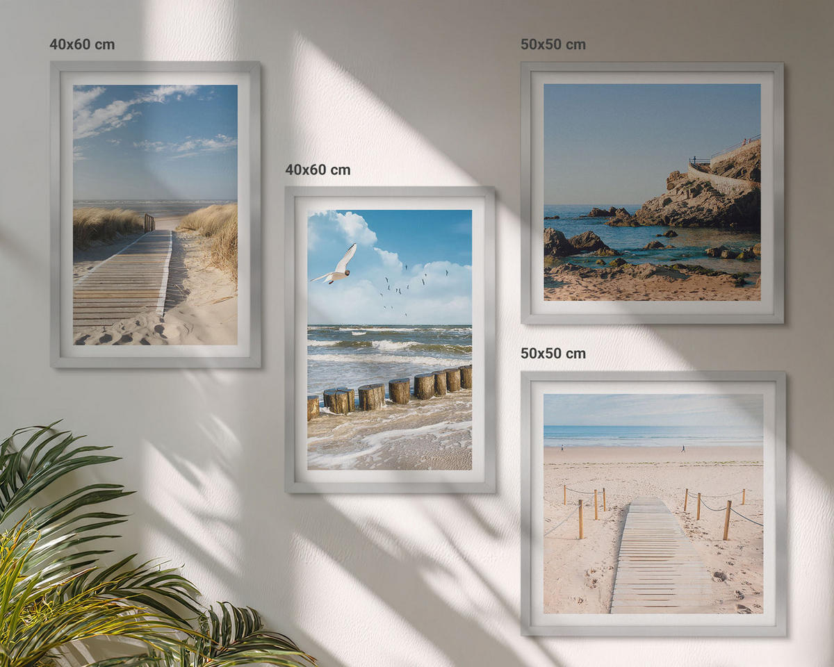 WANDBILDER 4er Set - 50x50 cm & 40x60 cm Silberner Rahmen - Strand, Sand, Wellen, Himmel, Vögel - Silberfarben, Kunststoff (50/50cm) - ArtPrintCave