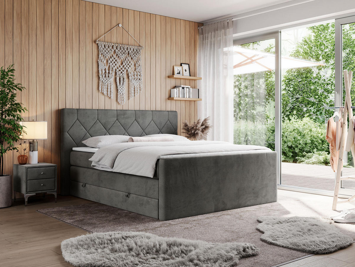 BOXSPRINGBETT KING EIGAR 140/200 Dunkelgrau Velvet - H3 - Dunkelgrau, Holz/Textil (140/200cm) - MKS