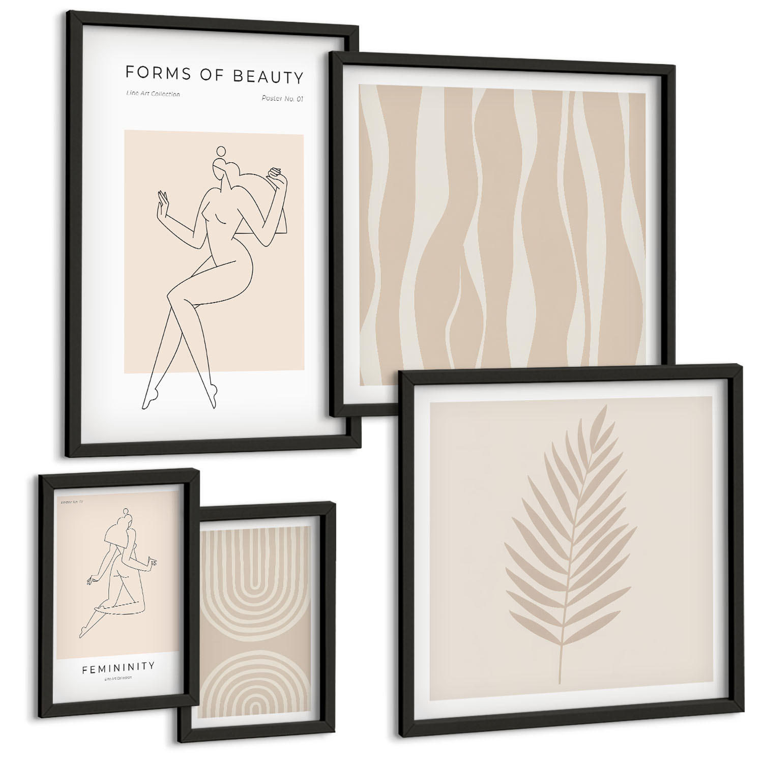 BILDER SET 5er Set - 50x50 cm & 20x30 cm & 40x60 cm Schwarzer Rahmen - Abstrakte Boho-Dekorationen - Schwarz, Kunststoff (40/60cm) - TULUP