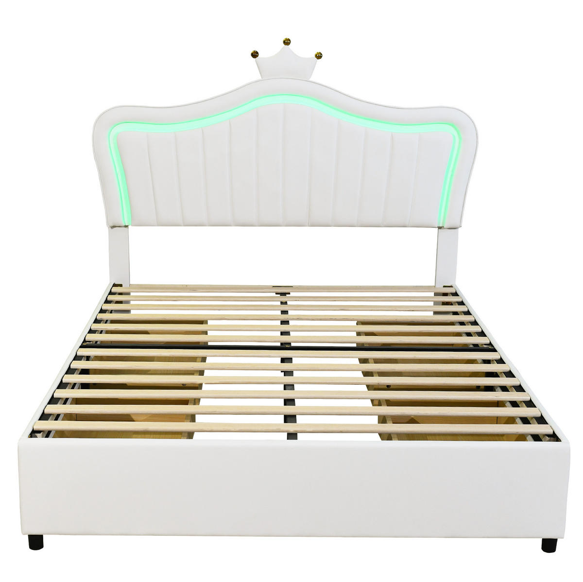 KINDERBETT 140/200 cm aus Kunstleder mit LED-Beleuchtung, 4 Schubladen und verstellbarem Kopfteil, Weiß - Weiß, Textil (140/200cm) - Redom