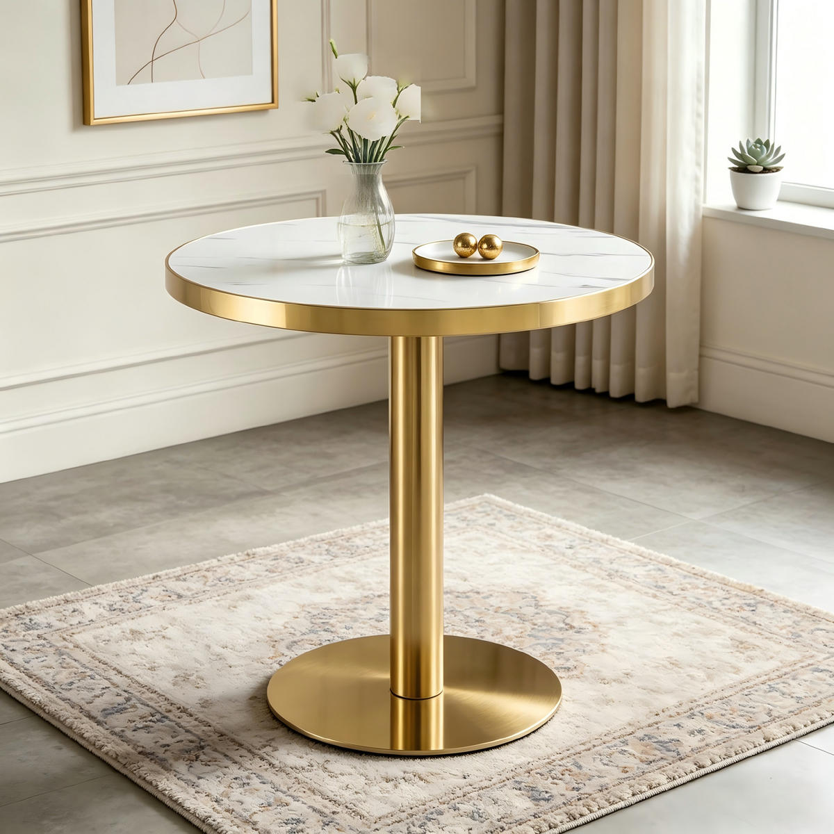 COUCHTISCH Beistelltisch rund mit Marmoroptik und Gold Edelstahlfuß, UV Beschichtung, kompakt Wohnzimmer Büro modern - Goldfarben/Weiß, Holzwerkstoff/Metall (60/60/74cm) - EVRYAE
