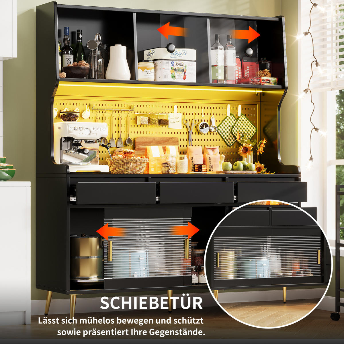 BUFFET 145/39/171 cm schwarz aus MDF und Glas mit LED-Beleuchtung - Schwarz, Holzwerkstoff (145/171/39cm) - OKWISH