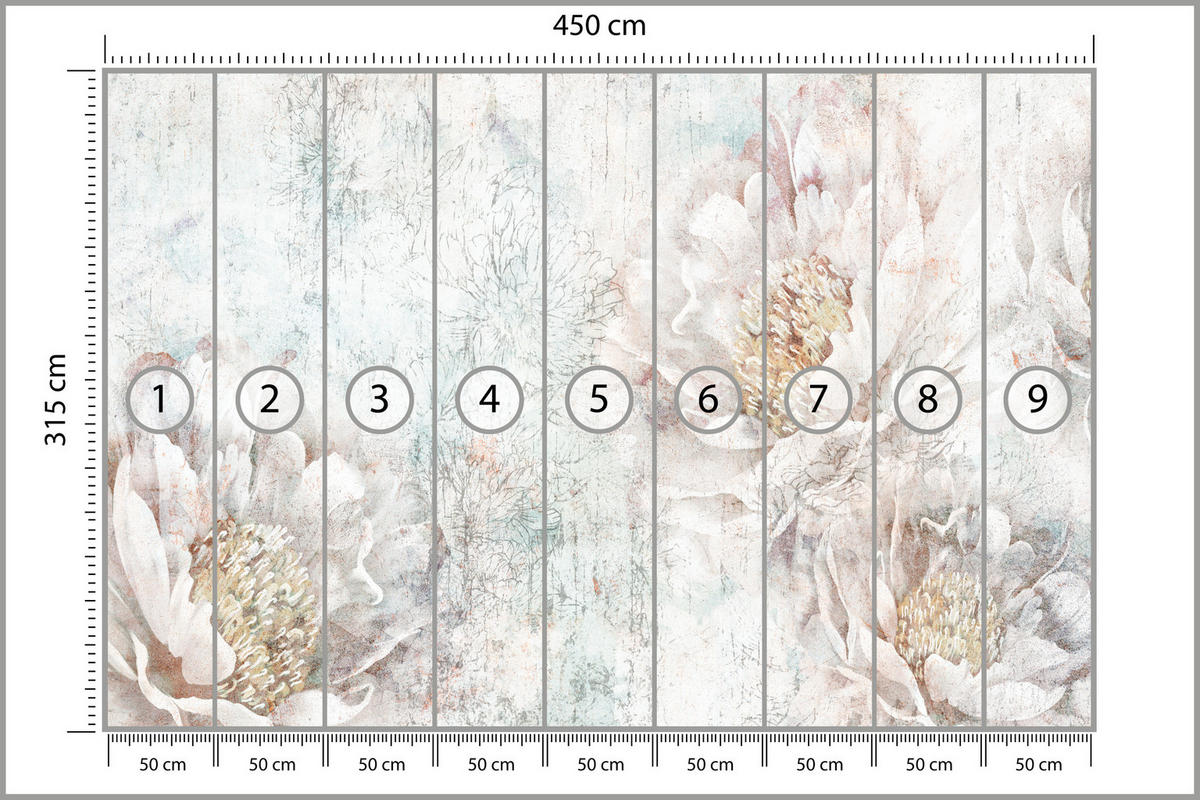 FOTOTAPETA Pre Kanceláriu Pivonky Kvety Betón Vintage 450 x 315 cm - žltá/ružová, papier (450/315cm) - Muralo