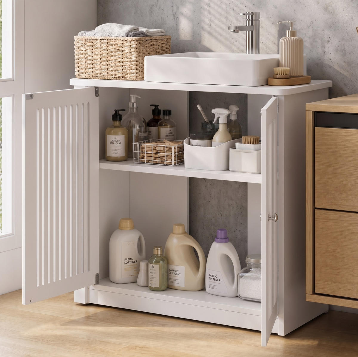 WASCHTISCHUNTERSCHRANK aus MDF 60x30x60 cm und Spanplatte Weiß mit Lamellenfront, verstellbarem Einlegeboden und Stauraum - Weiß, Holzwerkstoff (60/60/30cm) - Modfu