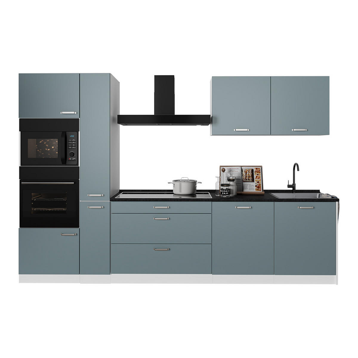 KÜCHENZEILE R-Line, Blau-Grau/Weiß, 310 cm ohne Arbeitsplatte - Blaugrau/Weiß, Holzwerkstoff (310/206.8/46cm) - Vicco