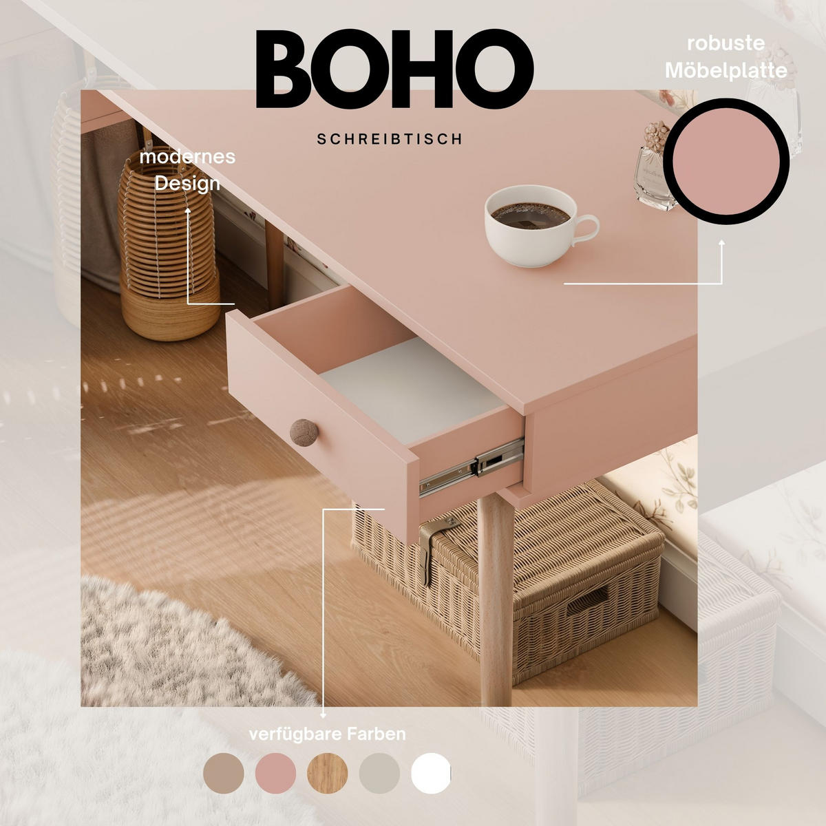 SCHREIBTISCH VALERIO 135/55/79 cm, Rosa - Rosa, Naturmaterialien/Holzwerkstoff (55/135/79cm) - Idohome