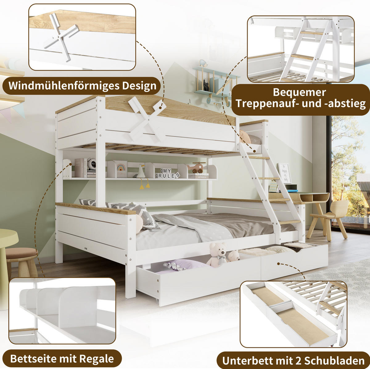 ETAGENBETT 90/200 cm & 140/200 cm in Weiß/Natur mit Windmühle, Regalen und Schubladen - Weiß, Holzwerkstoff (90/200cm) - OKMYHOME