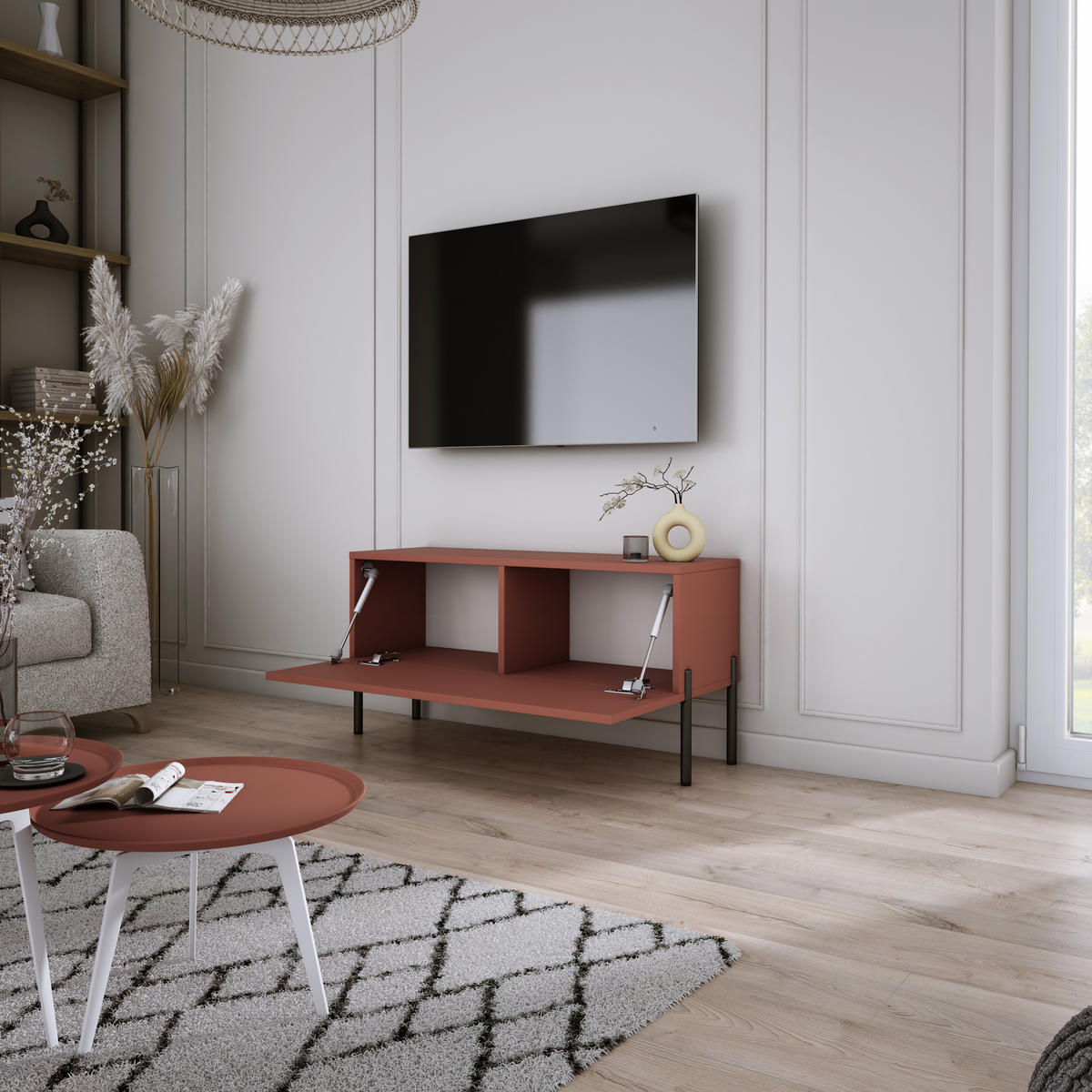 TV-SCHRANK : Ziegelrot, 100 x 52 x 32 cm, schwarze Beine - Rot/Schwarz, Holzwerkstoff/Metall (100/52/32cm) - 3XE LIVING