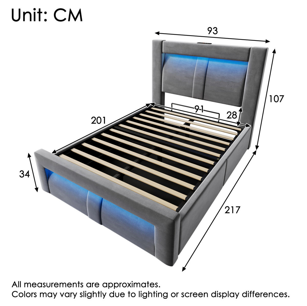 EINZELBETT 90/200 cm mit LED, USB- und Type-C-Anschluss, hydraulischem Stauraum und Samtbezug, Grau - Grau, Holz (90/200cm) - Redom