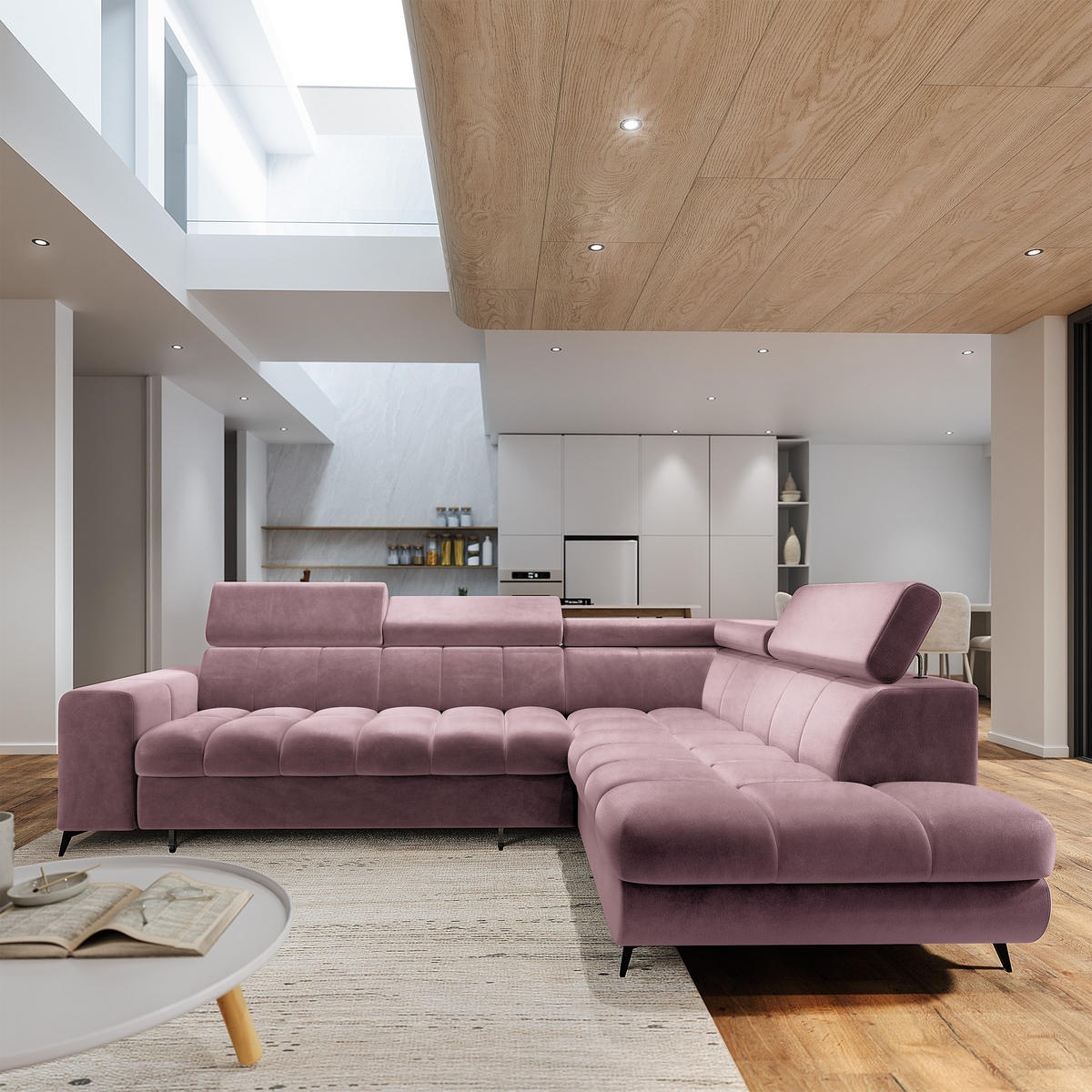 ECKSOFA MORIVA R-S Lila Velours-Stoff mit Schlaffunktion - Lila, Holz (253/190cm) - MASSENO