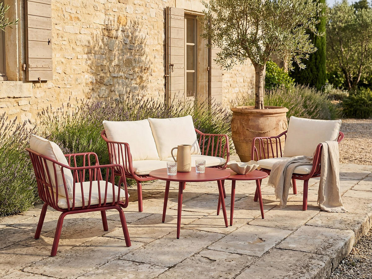 GARTENSITZGRUPPE im Set - 4 -Sitzer - Polypropylen - bordeaux - LOYNA - Bordeaux, Metall - Vente-Unique