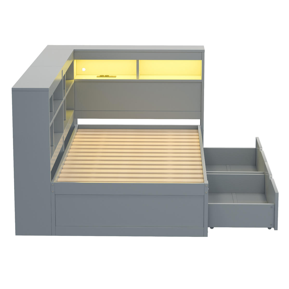 KINDERBETT 90/200 cm DE-01338, in Grau, mit USB, LED und 2 Schubladen - Grau, Holz (90/200cm) - ComfortXL