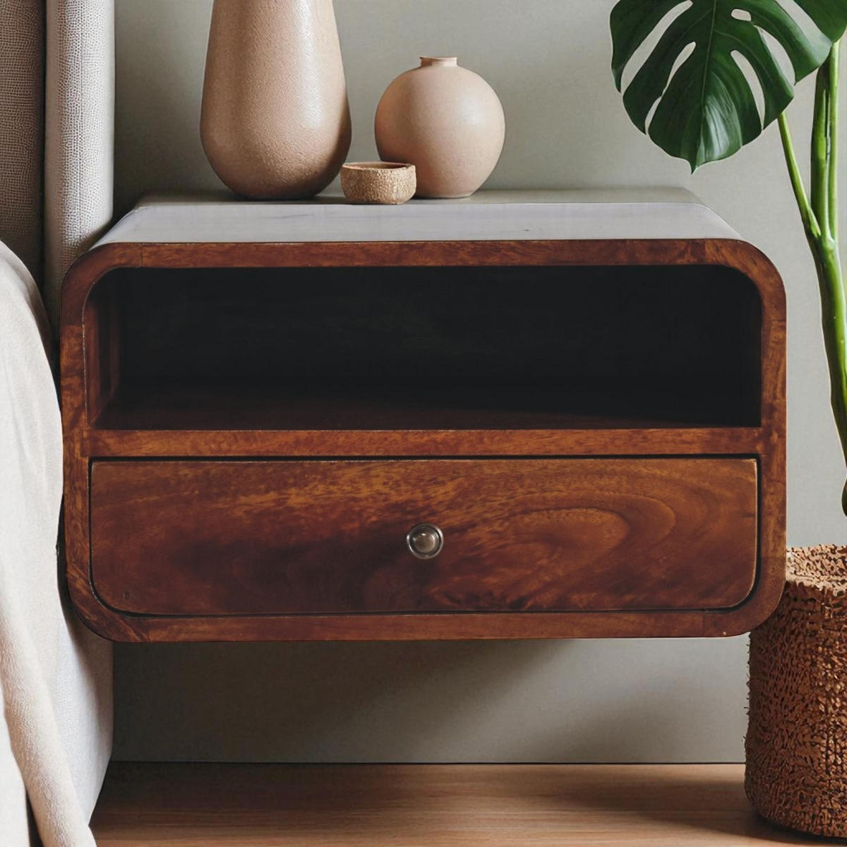 NACHTTISCH Levitate, Wandmontiert, 1 Schublade, 1Offenes Fach , Braun - Kastanienfarben/Messingfarben, Holz/Metall (45/25/32cm) - Artisan Furniture