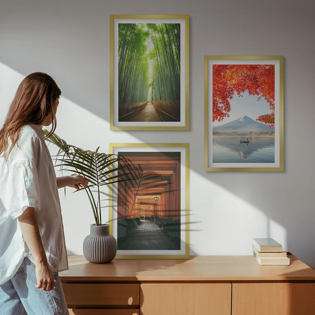WANDBILDER 3er Set - 40x60 cm Goldrahmen - Fuji-Bambuswaldlandschaft - Goldfarben, Kunststoff (40/60cm) - ArtPrintCave