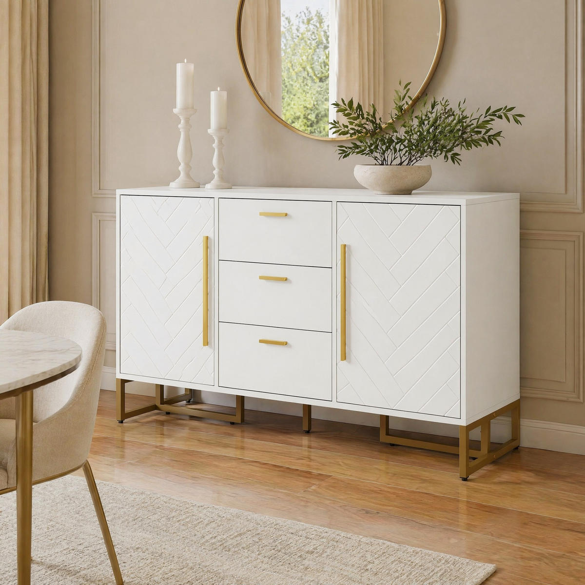 SIDEBOARD in Weiß Anrichte mit 2 Türen und 3 Schubladen für Esszimmer, Wohnzimmer und Küche, B145/T40/H75 cm - Goldfarben/Weiß, Holzwerkstoff/Metall (145/75/40cm) - STILVORA