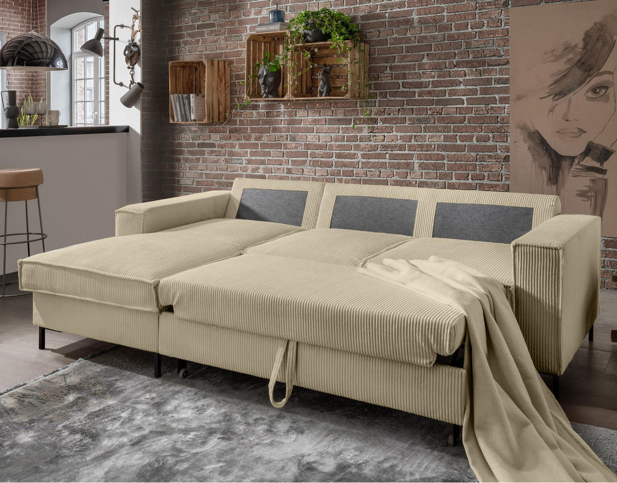 ECKSOFA mit Schlaffunktion, Bettkasten, Wellenunterfederung, Récamiere links B240/T150/H92 cm, Liegefl. 125x198 cm, Cord Beige Grau / 17223 - Greige/Beige, Textil/Metall (240/150cm) - luma-home