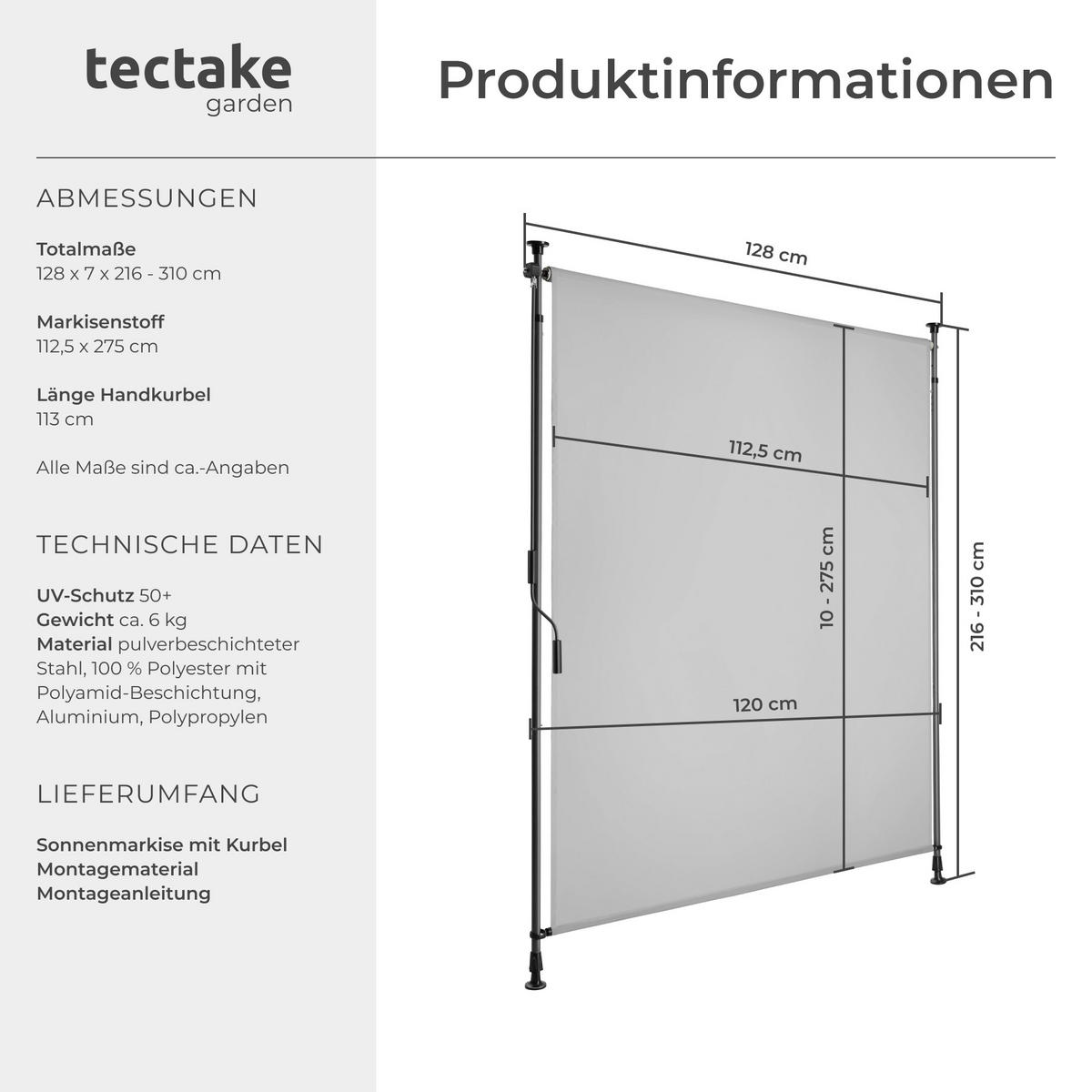 KLEMMMARKISE Taija,leichtgängige Handkurbel,hellgrau - Hellgrau, Kunststoff (128/310cm) - tectake
