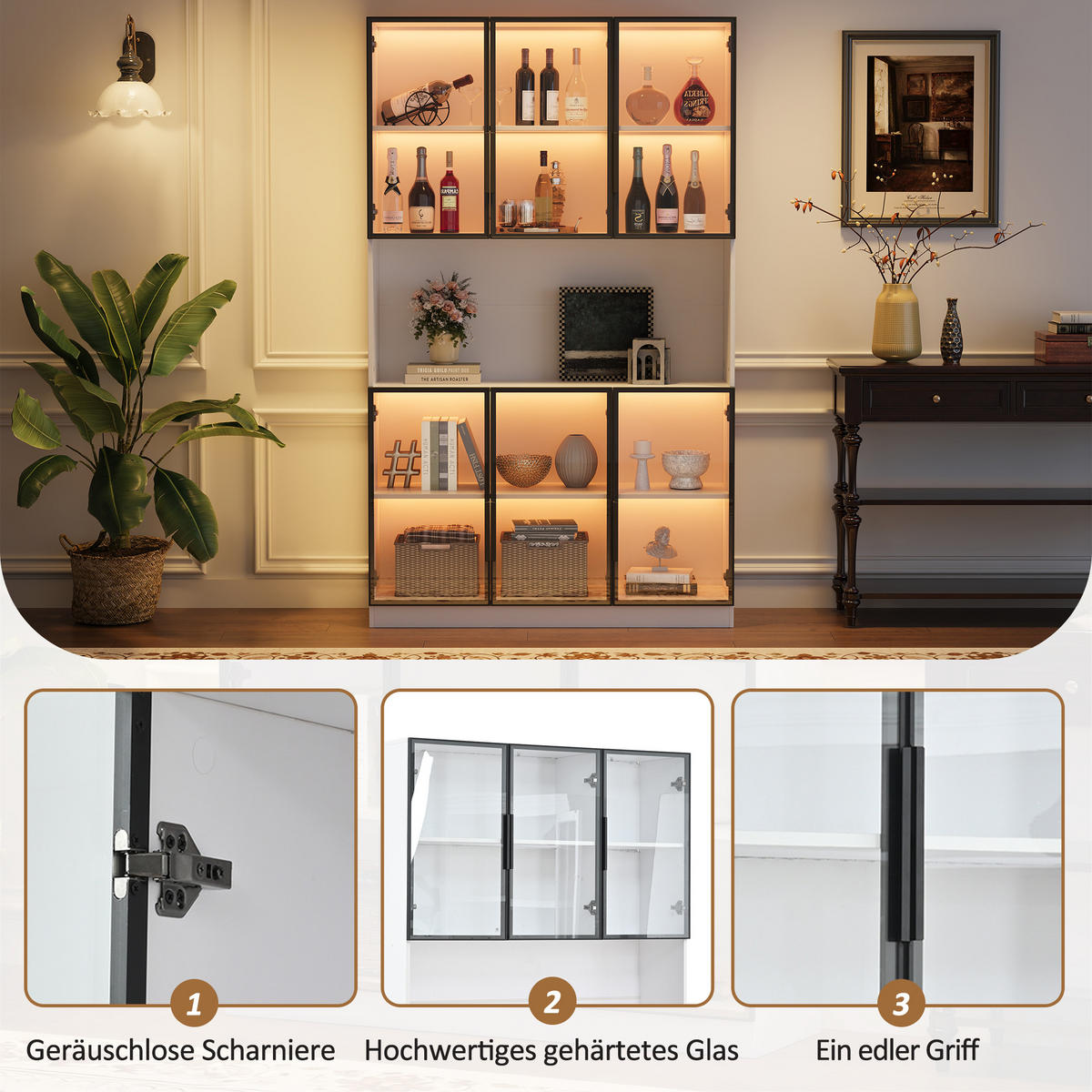 VITRINE 120/34/200 cm weiß aus MDF und Glas mit LED und 6 Türen - Weiß, Holzwerkstoff (120/200/34cm) - OKWISH