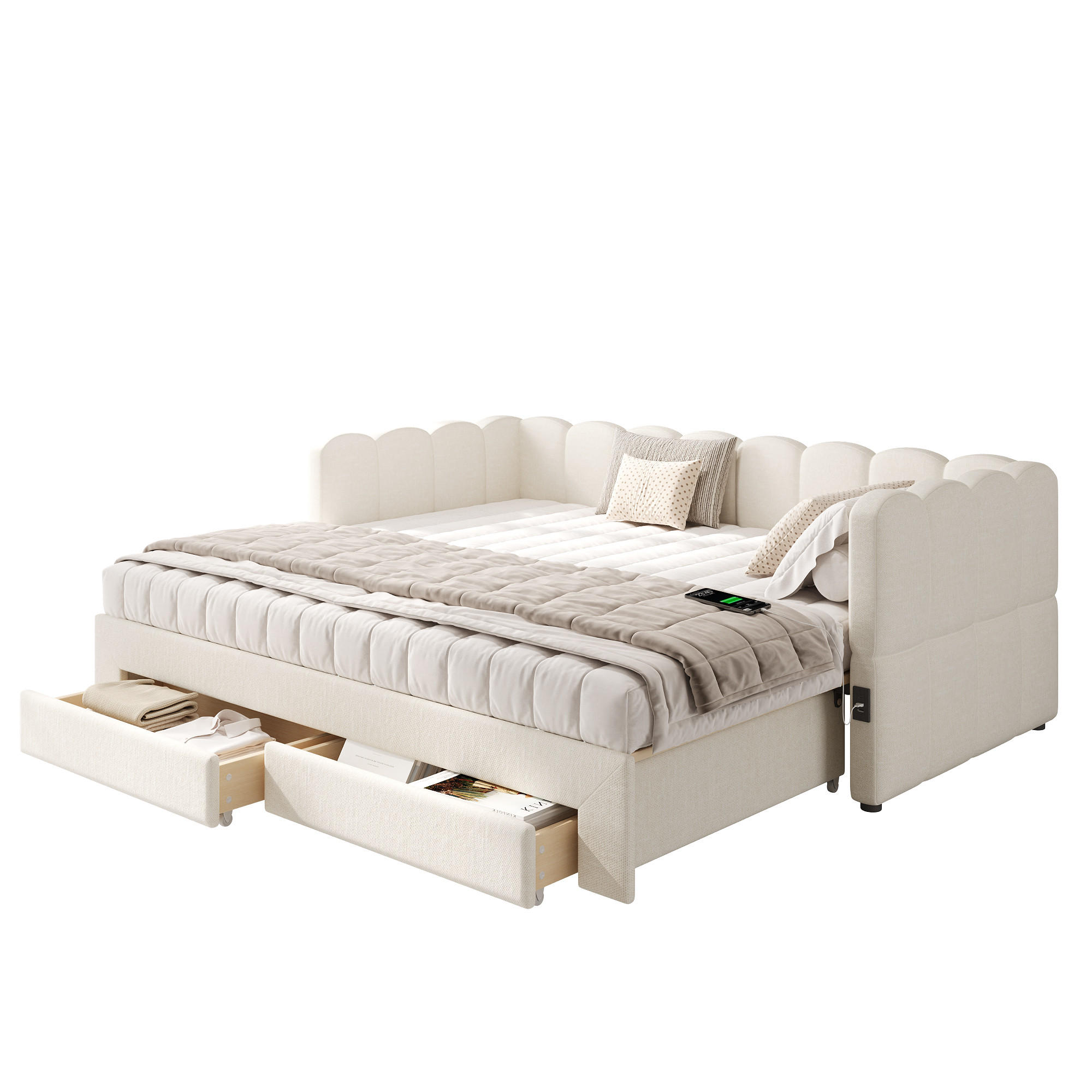 CHICFURN ROZKLÁDACÍ POHOVKA 90/190 cm v béžové barvě se 2 zásuvkami, USB a Type-C, ze lněné látky