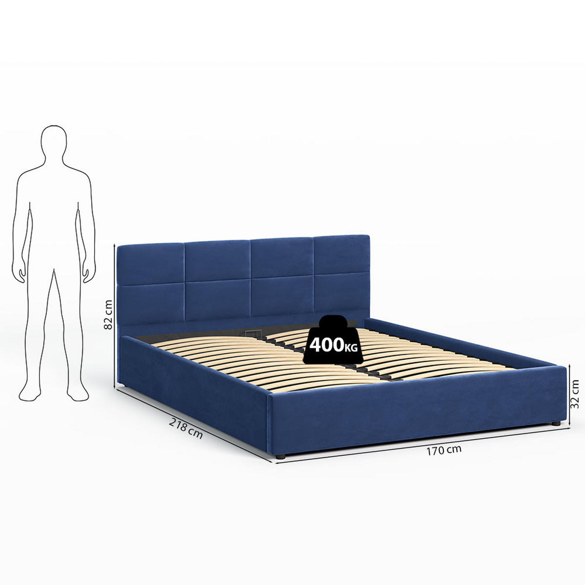POLSTERBETT 160×200 mit Bettkasten und Lattenrost Mika HLR-64 Blau Velours - Blau, Holz (160/200cm) - Jana