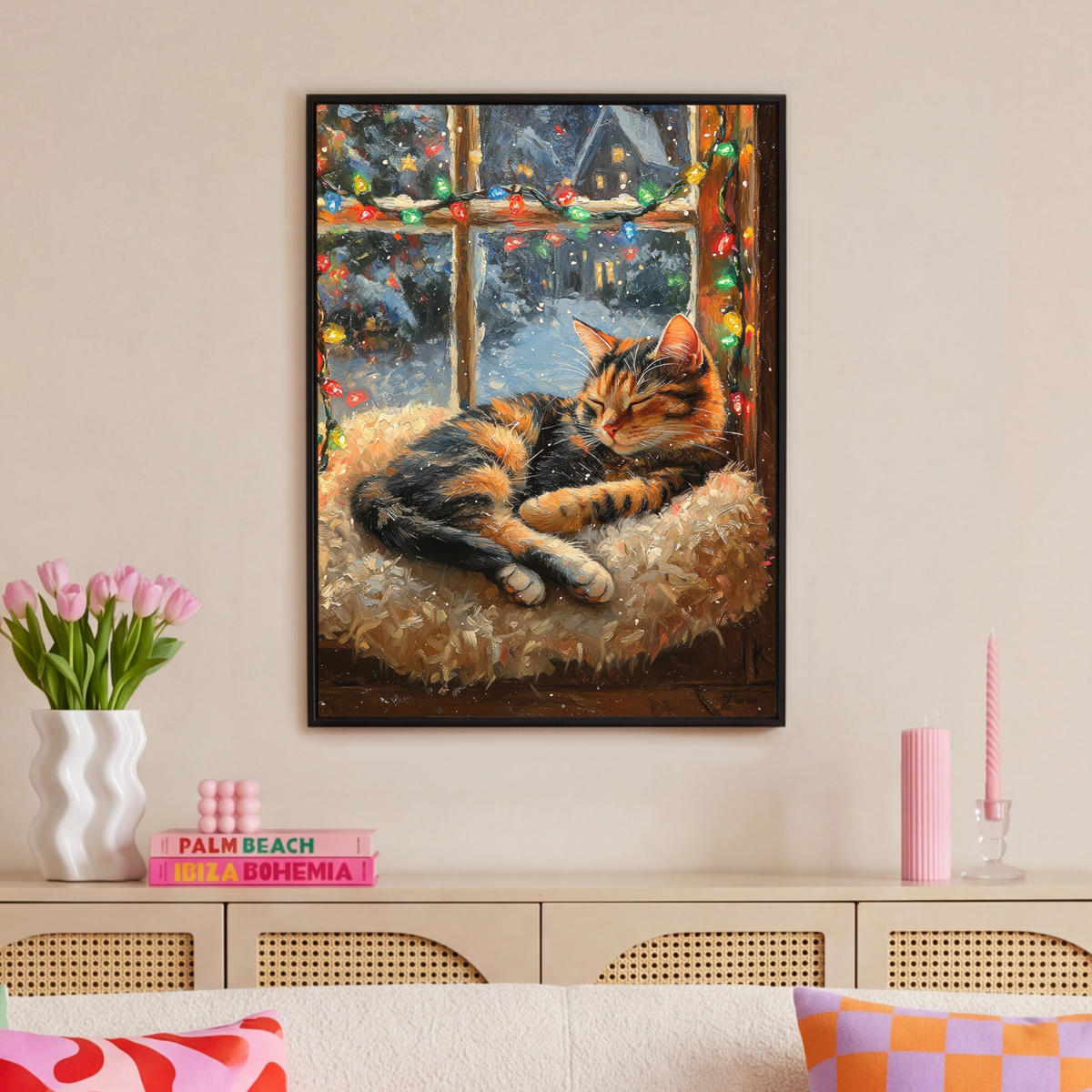 LEINWAND Bilder mit Rahmen - Katze - Weihnachten - Winter - Tier - 70x100 - Bernsteinfarben, Textil (70/100cm) - MuchoWow