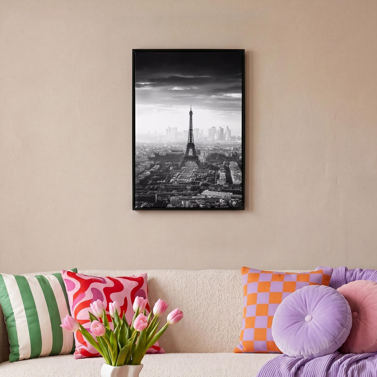LEINWAND Bilder mit Rahmen - Paris - Skyline - Eiffelturm - Stadt - Wolken - 40x60 - Dunkelgrau, Textil (40/60cm) - MuchoWow