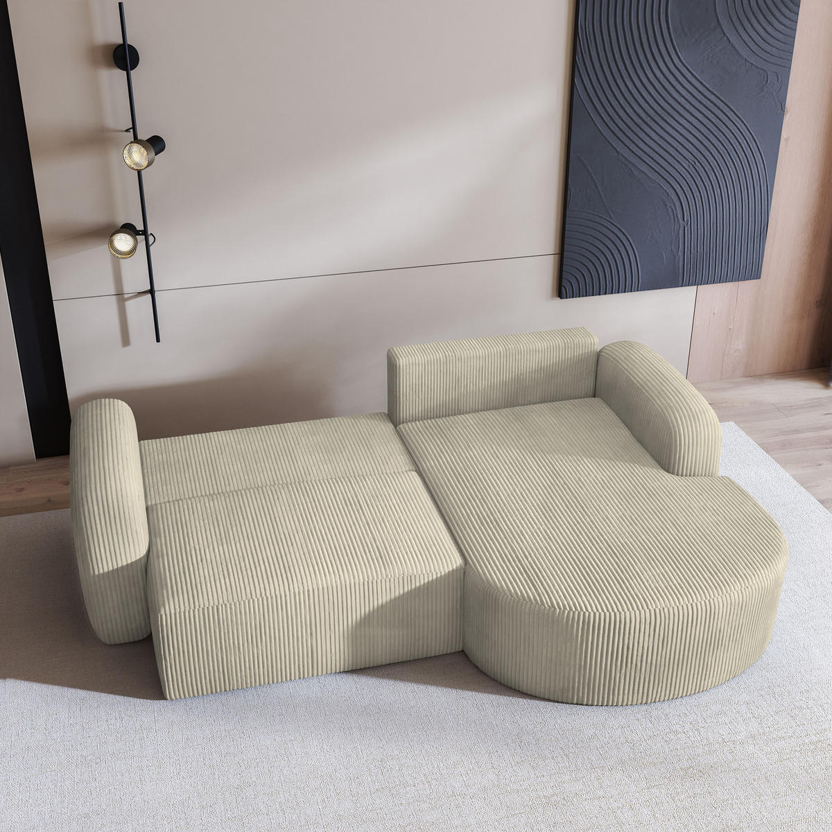 ECKSOFA AMILIA P R-S Creme Kordstoff mit Schlaffunktion - Creme, Holz (263/174cm) - MASSENO