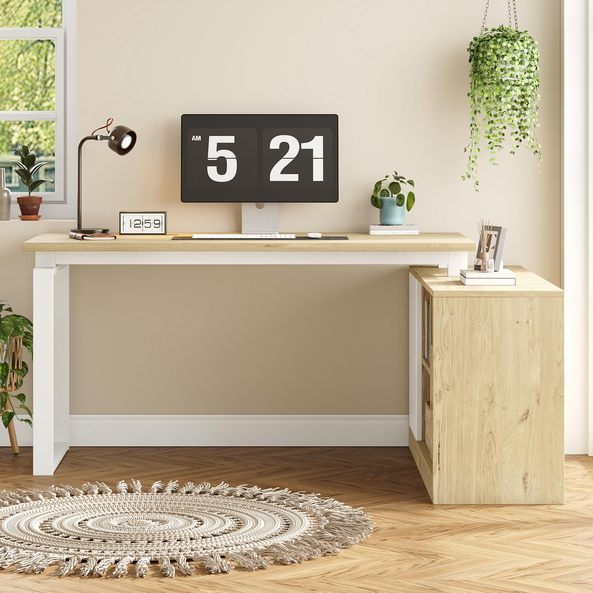 SCHREIBTISCH in Naturfarbe L-förmiger Bürotisch mit 2 Schubladen und verstellbaren Regalböden - Weiß/Naturfarben, Holzwerkstoff/Metall (40/113.5/76cm) - STILVORA