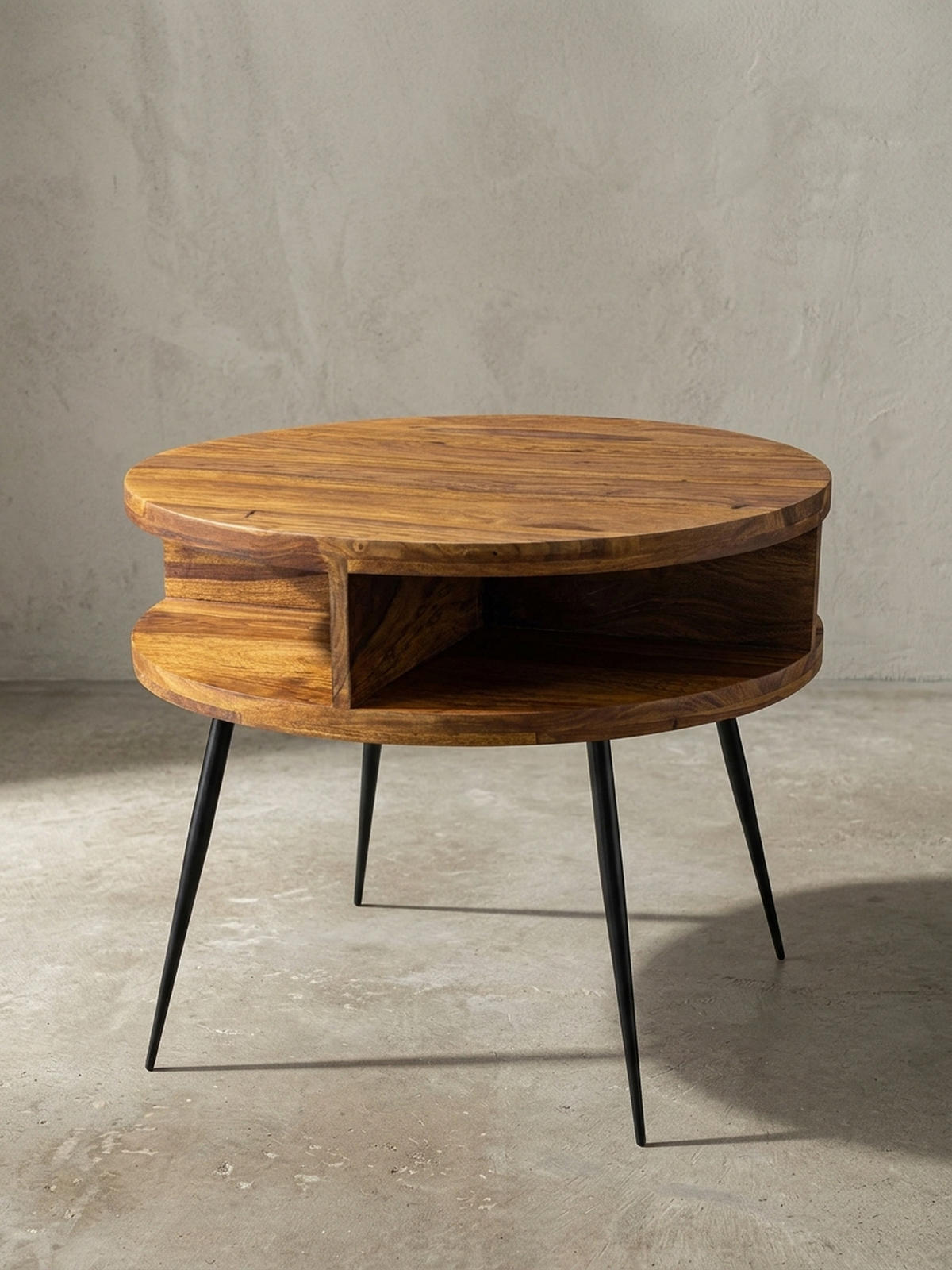 COUCHTISCH aus Sheesham Massivholz, Rund mit 4 Ablagefächern, Gestell aus Schwarzem Metall - Schwarz/Braun, Holz/Metall (60/60/45cm) - KADIMA DESIGN