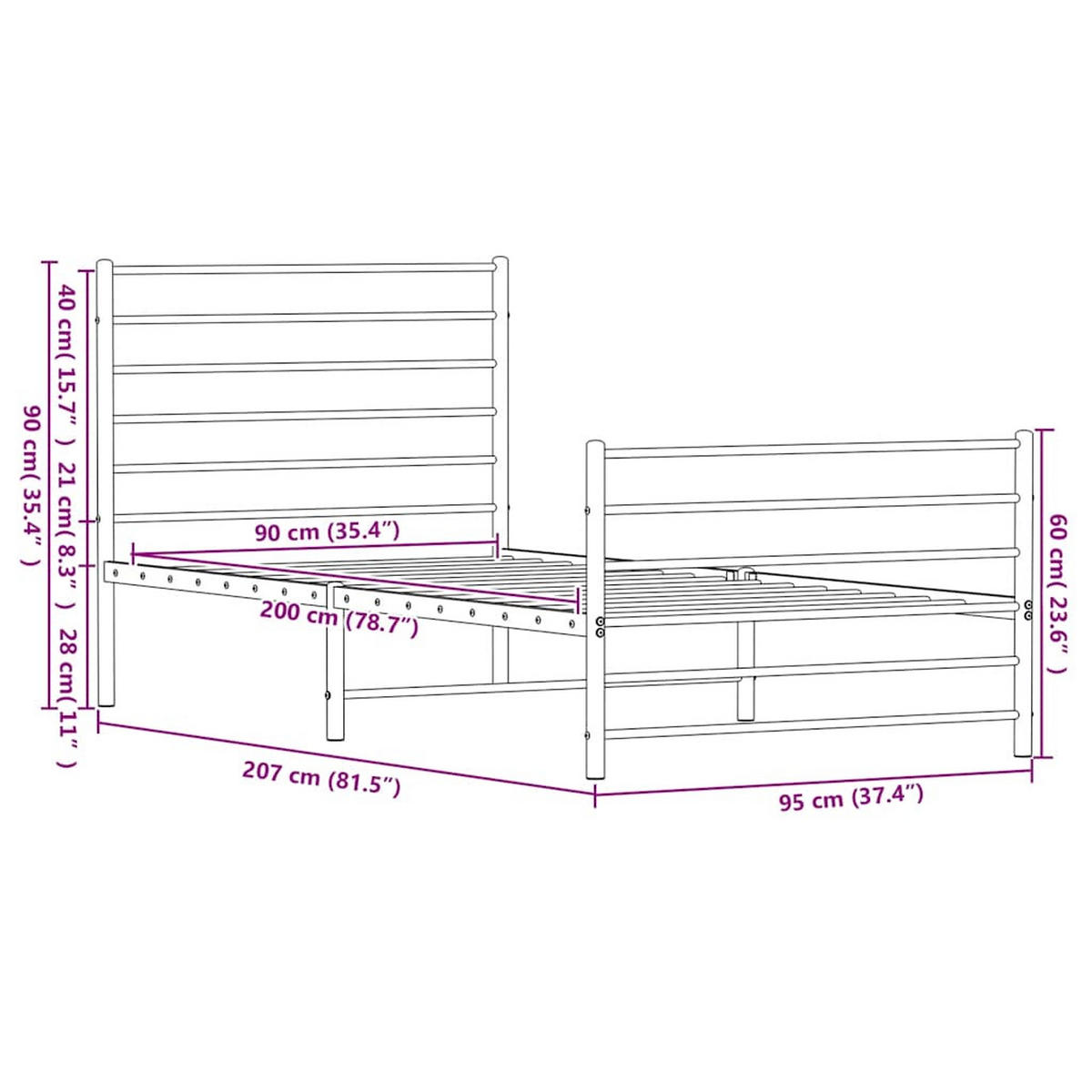 BETTGESTELL Mit Kopf- Und Fussteil Metall Schwarz 90/200 Cm - Schwarz, Metall (90/200cm) - vidaXL