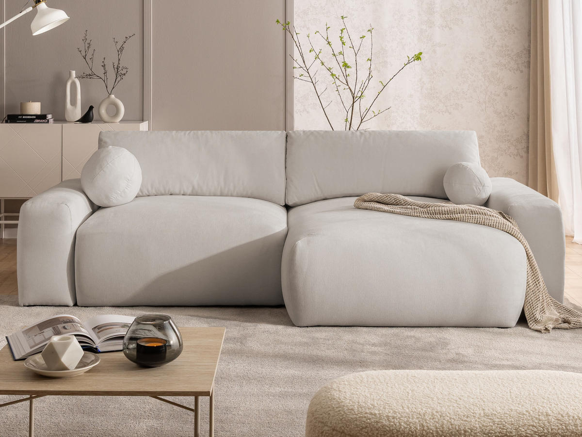 ECKSOFA Puffy mit Schlaffunktion und Bettkasten - besonders weich und puffig aus Beige Webstoff - Ottomane rechts - Beige/Schwarz, Holz/Kunststoff (266/138cm) - S-Style Möbel