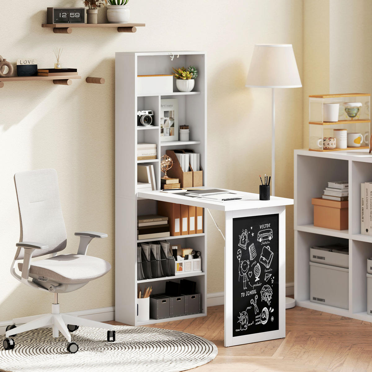 SCHREIBTISCH Holzoptik klappbar mit Regal und Tafel 98/51/153 cm - Weiß, Holzwerkstoff (51/98/153cm) - PANGIVO