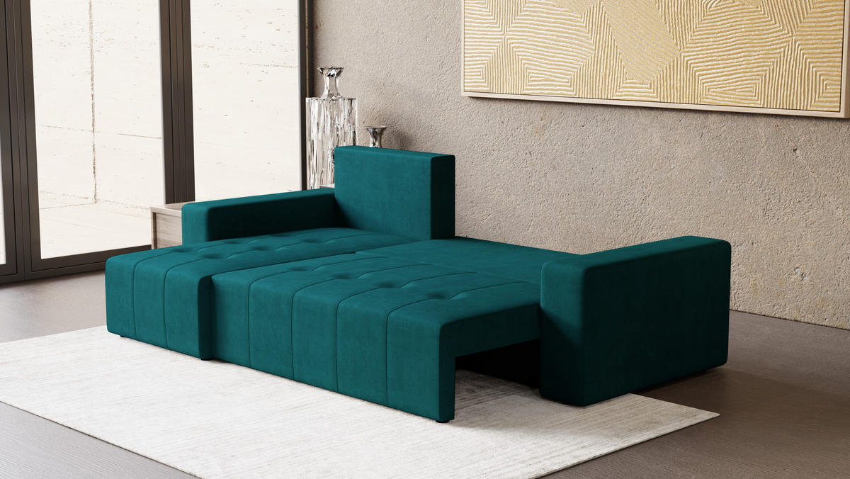 ECKSOFA Tico mit Bettkasten und Schlaffunktion, L-Form/XL-Form, Velourstoff, Universal - Türkis, Holzwerkstoff (246/145cm) - 4ALL HOME
