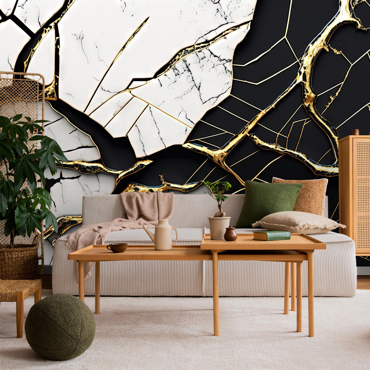 FOTOTAPETER für Badezimmer Abstrakter Marmor Goldene Verzierung 250x175 - Schwarz/Weiß, Papier (250/175cm) - Muralo