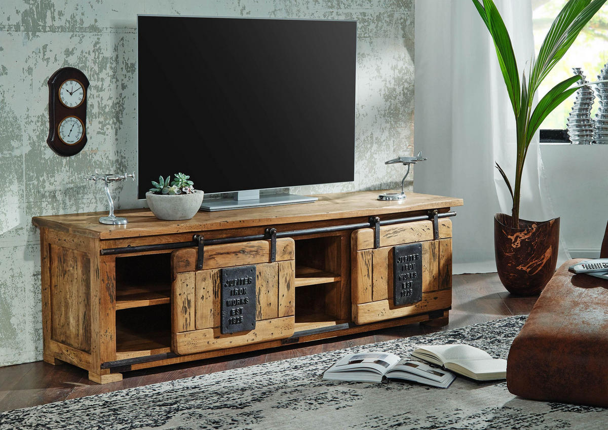 TV-BOARD Mango 160x45x50 natur lackiert RAILWAY #101 - Naturfarben, Holz (160/50/45cm) - Massivmoebel24