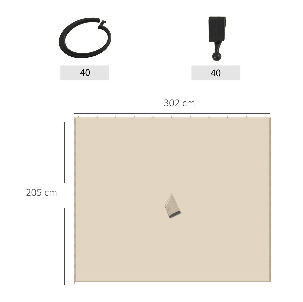 PAVILLON-SEITENTEILE 302/205 cm mit Reißverschluss, Haken und C-Ringen, wetterbeständig, Beige - Beige, Textil (205/1/302cm) - Redom