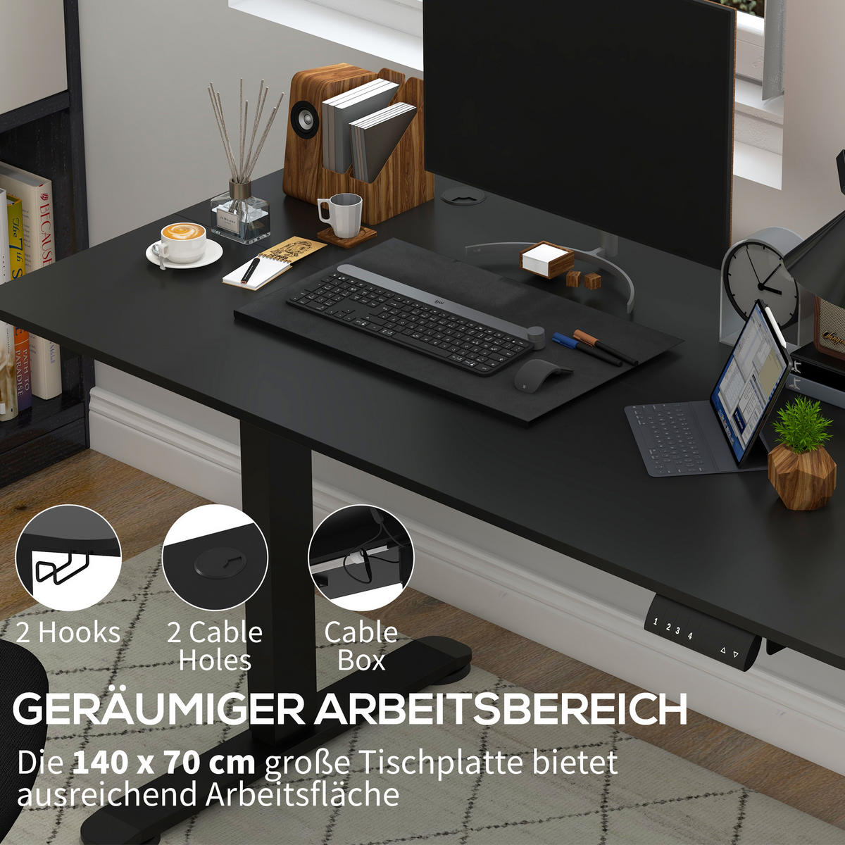 HÖHENVERSTELLBARER Schreibtisch 140 x 70cm Elektrisch Computertisch mit Haken - Schwarz, Kunststoff (140/70/116cm) - Vinsetto