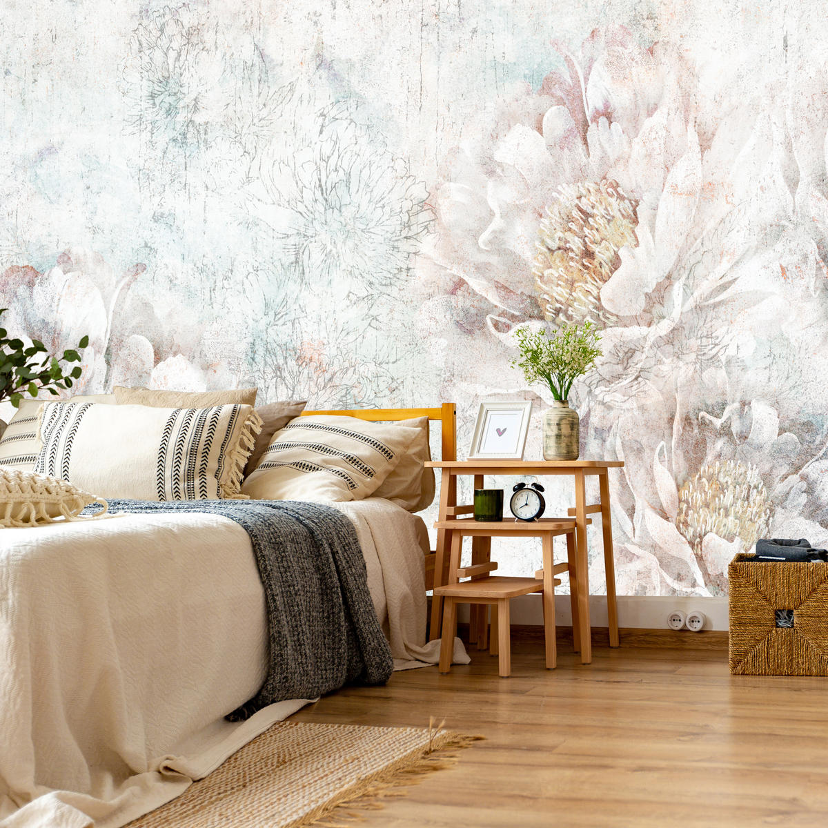 FOTOTAPETE für Büro Pfingstrosen Blumen Beton Vintage 150x105 - Gelb/Rosa, Papier (150/105cm) - Muralo